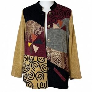 Indigo Moon Women Jacket‎ Med Multicolor Patchwork Boho Textured Button Front